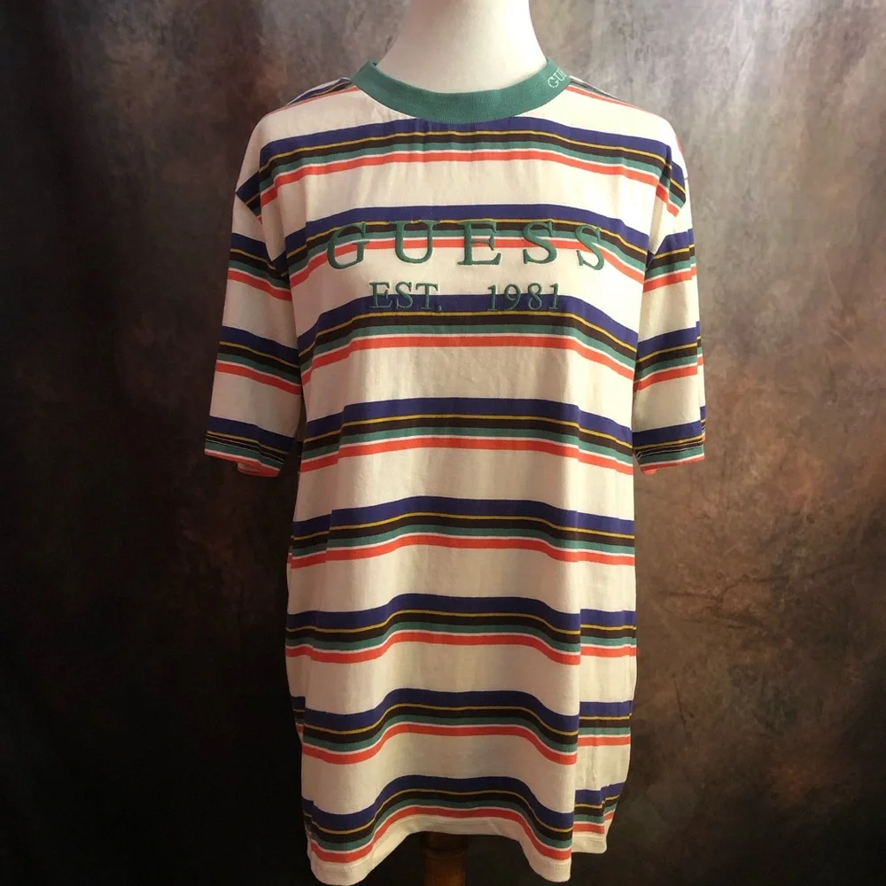 GUESS White Striped Short Sleeve Tee with Green Collar - Picture 2 of 6